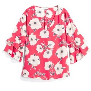 Skies Are Blue Brea Bell Sleeve Red Floral Top 1X